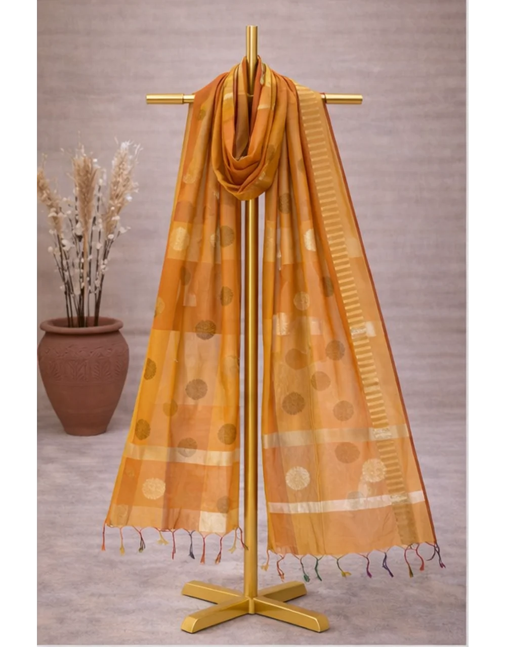 Mustard Orange Poly Chanderi Brocade Dupatta With Gold Zari