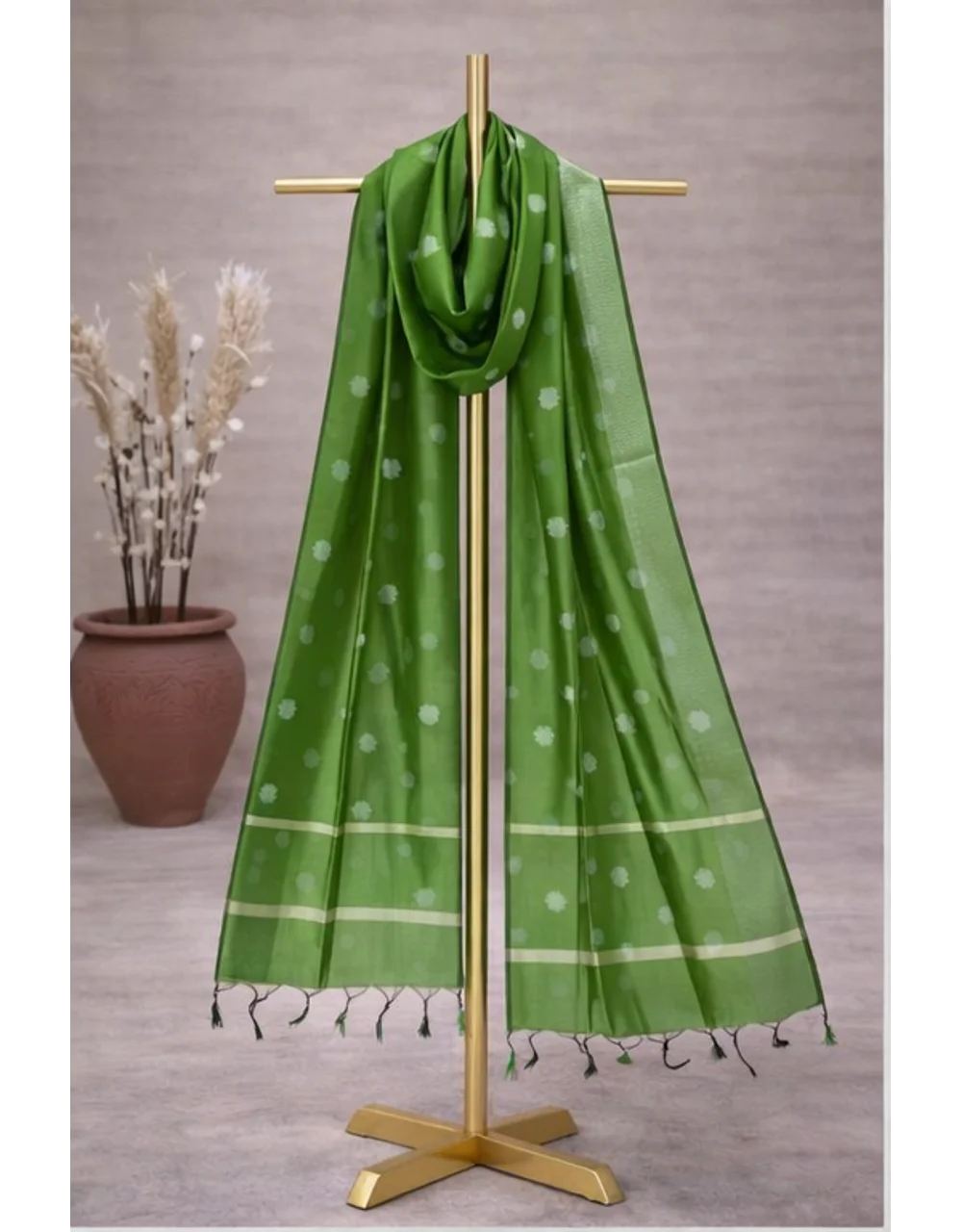 Green Poly Chanderi Dupatta With Gold Zari Buti