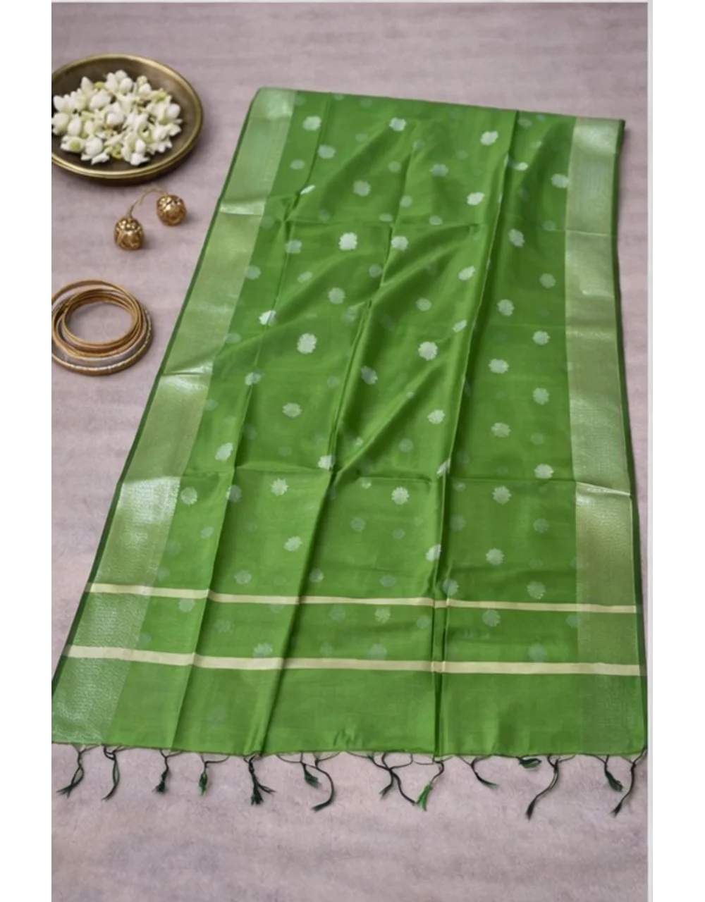 Green Poly Chanderi Dupatta With Gold Zari Buti - View 3