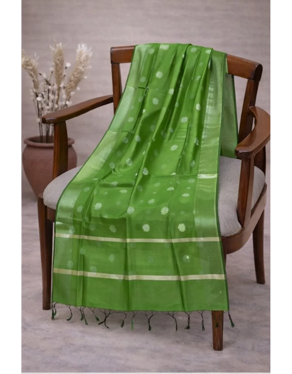Hovered view of Green Poly Chanderi Dupatta With Gold Zari Buti