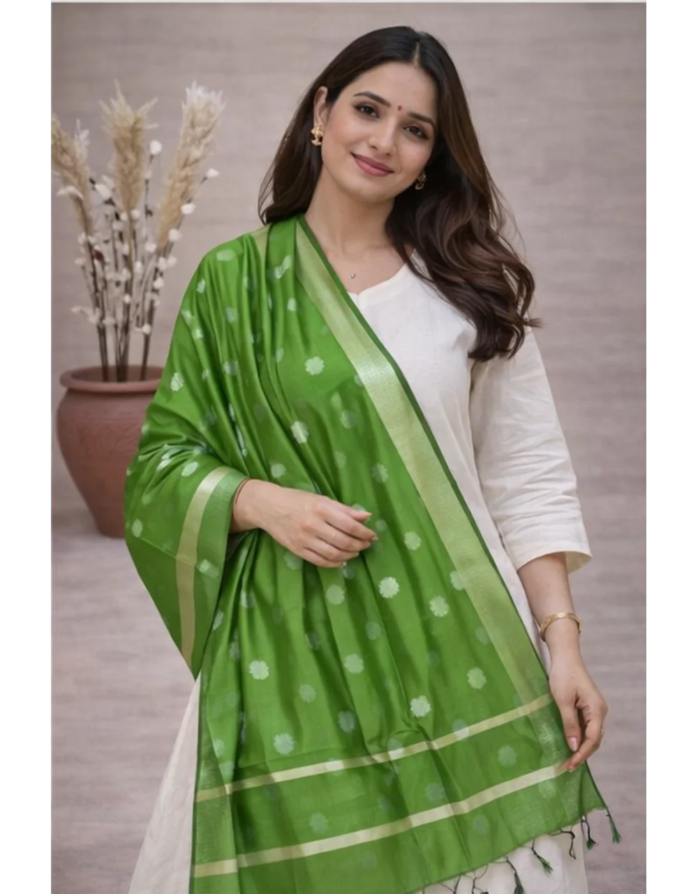 Green Poly Chanderi Dupatta With Gold Zari Buti - View 4