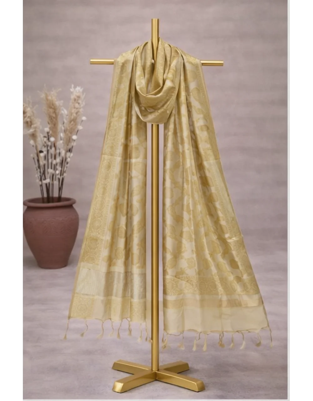Golden Poly Chanderi Jacquard Dupatta With Floral Brocade