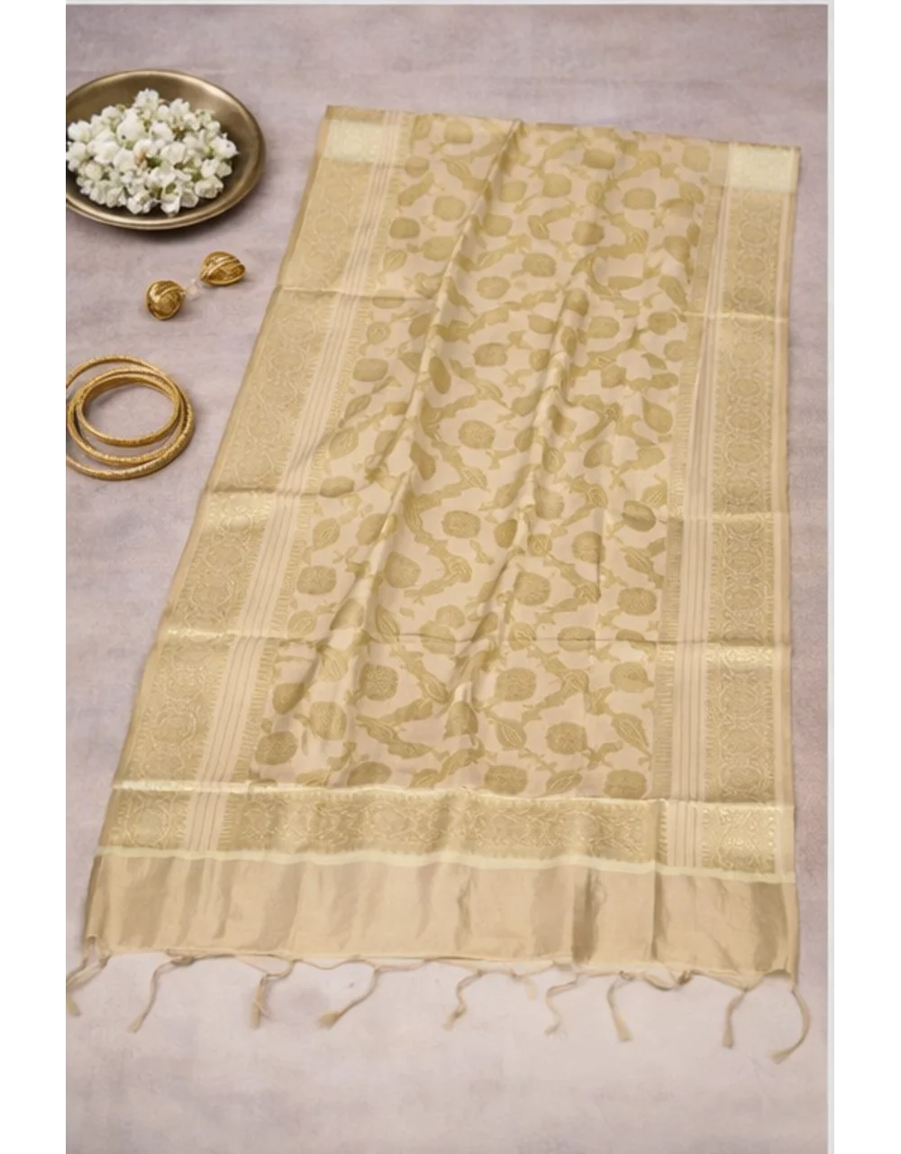 Golden Poly Chanderi Jacquard Dupatta With Floral Brocade - View 3