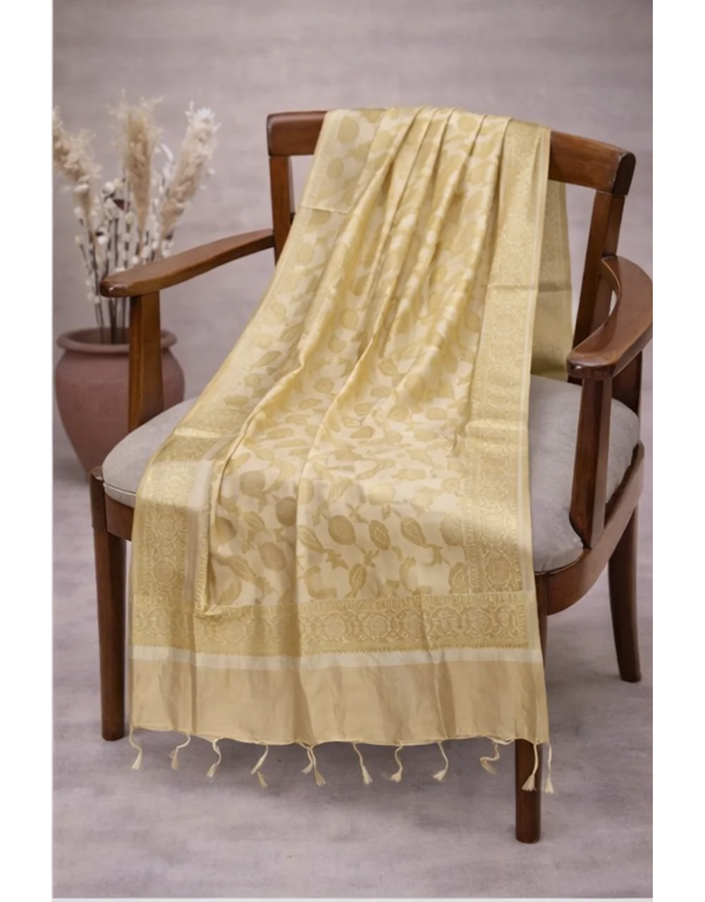 Hovered view of Golden Poly Chanderi Jacquard Dupatta With Floral Brocade