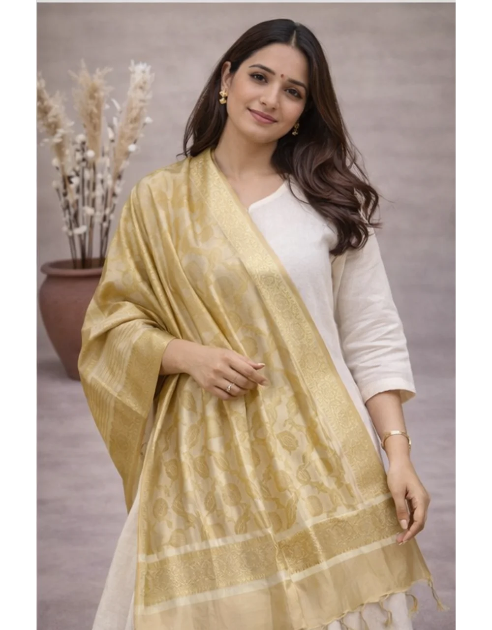 Golden Poly Chanderi Jacquard Dupatta With Floral Brocade - View 4