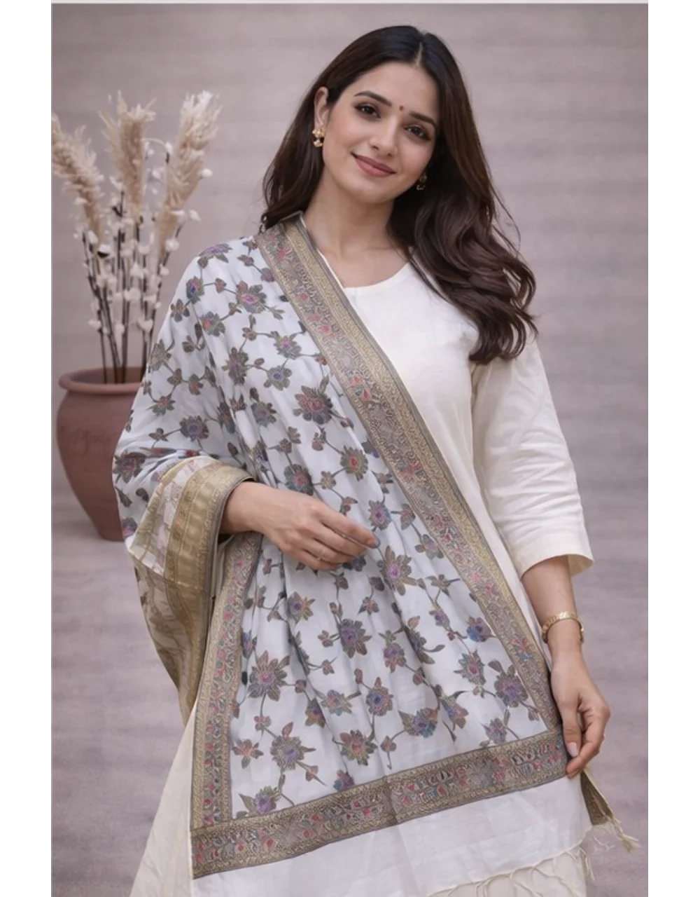 Off White Poly Cotton Chanderi Floral Dupatta With Zari Border - View 4