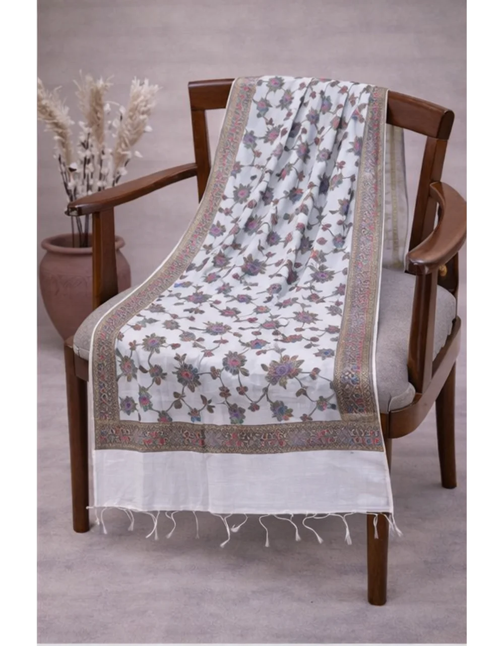Hovered view of Off White Poly Cotton Chanderi Floral Dupatta With Zari Border