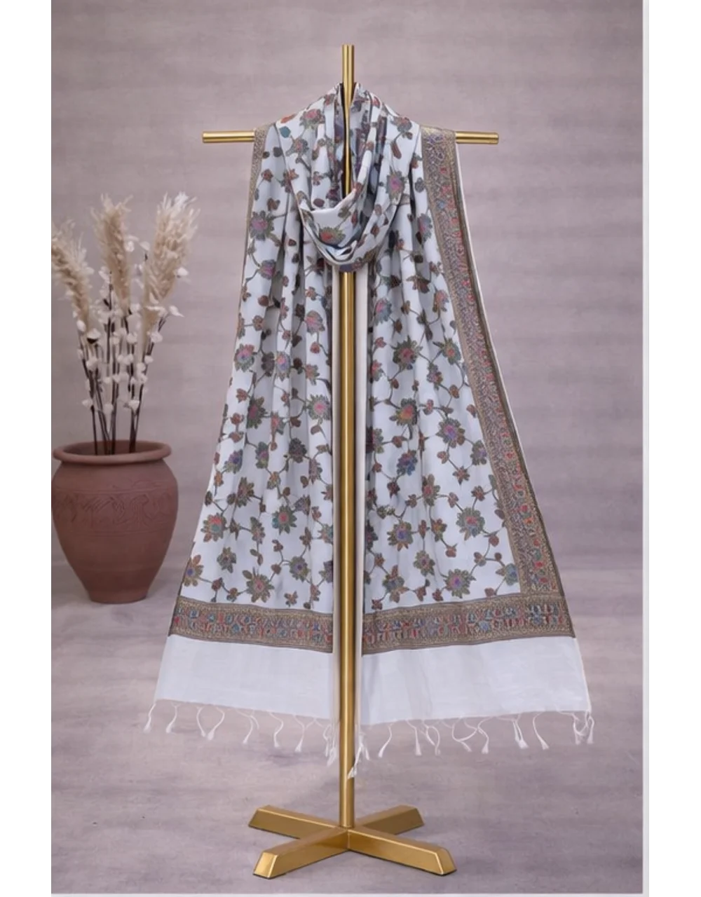 Off White Poly Cotton Chanderi Floral Dupatta With Zari Border