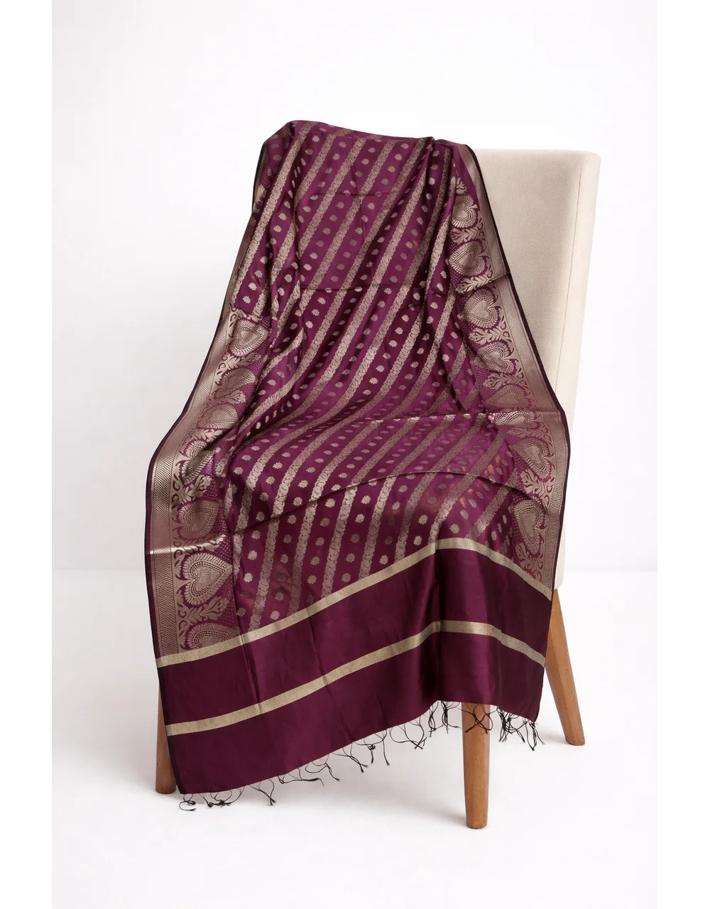Hovered view of Maroon Poly Chanderi Dupatta With Temple Border