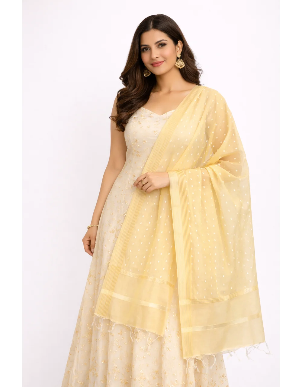 Yellow Poly Chanderi Dupatta With Zari Buti - View 4
