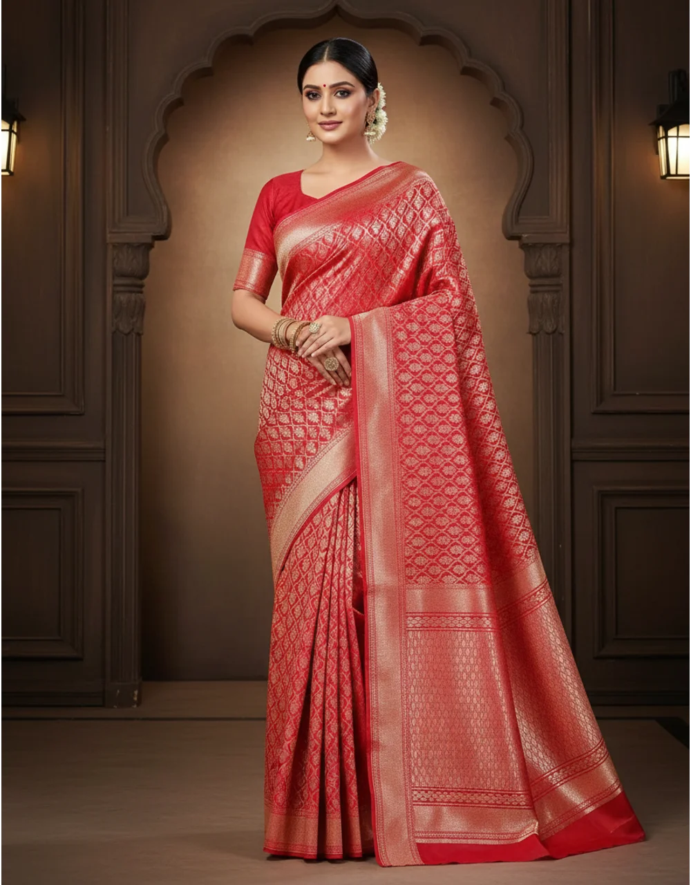 Red Crimson Banarasi Semi Silk Saree