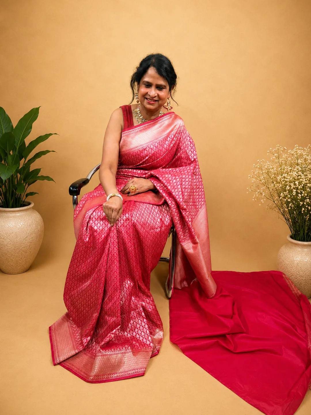 Red Crimson Banarasi Semi Silk Saree front view