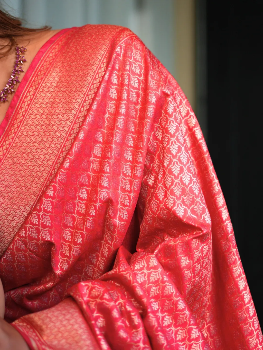 Red Crimson Banarasi Semi Silk Saree front view
