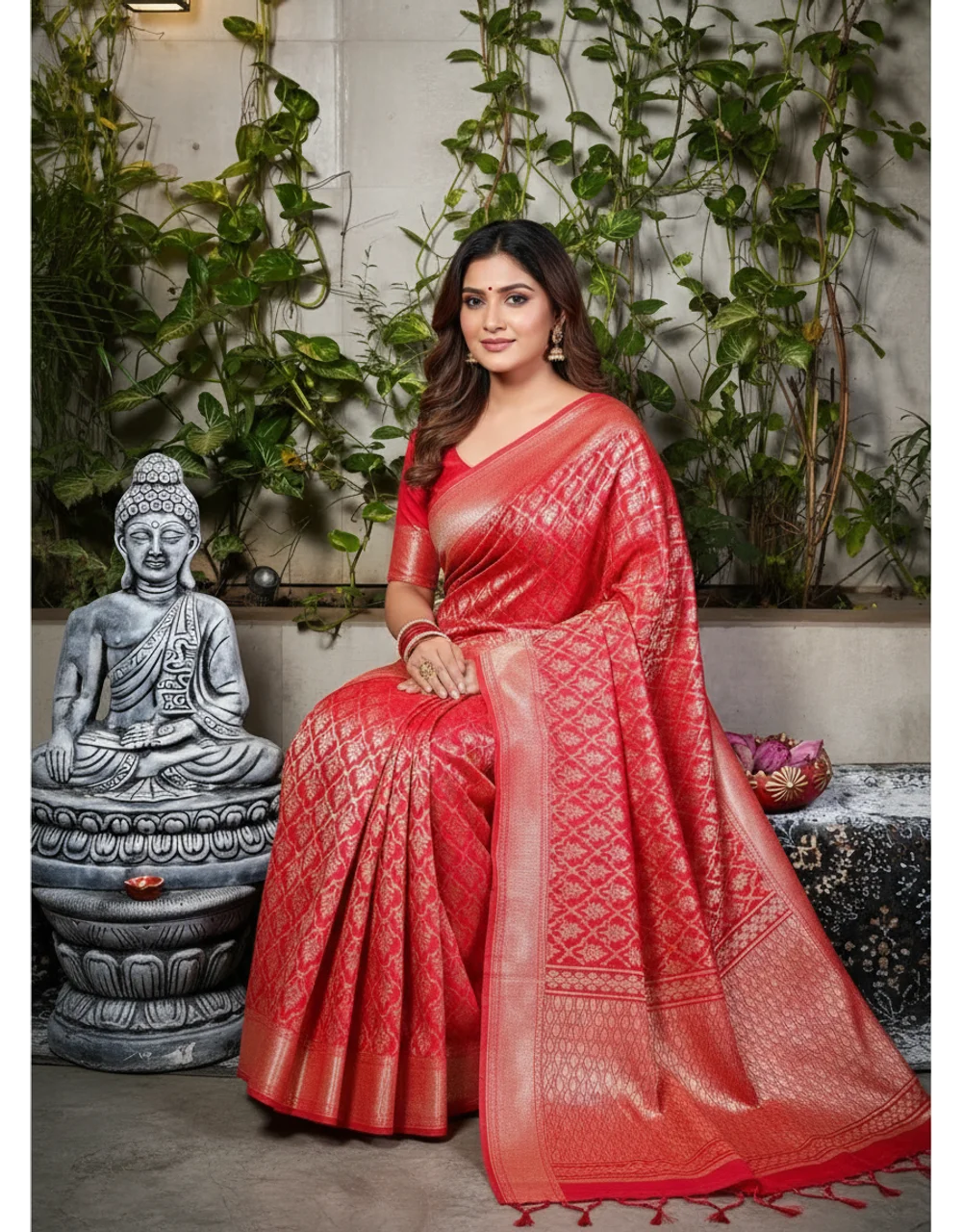 Hovered view of Red Crimson Banarasi Semi Silk Saree