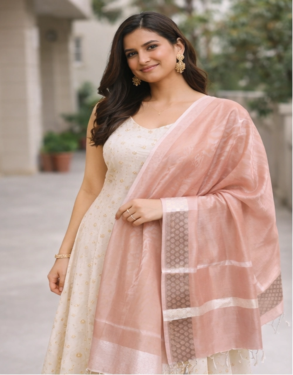 Peach Poly Chanderi Dupatta With Silver Zari Border - View 4