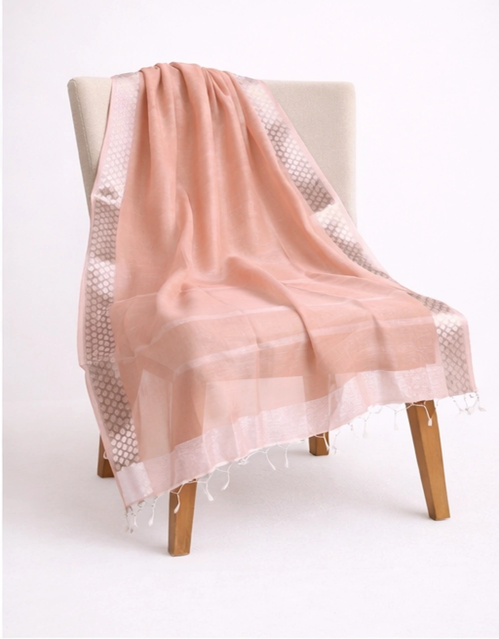 Hovered view of Peach Poly Chanderi Dupatta With Silver Zari Border