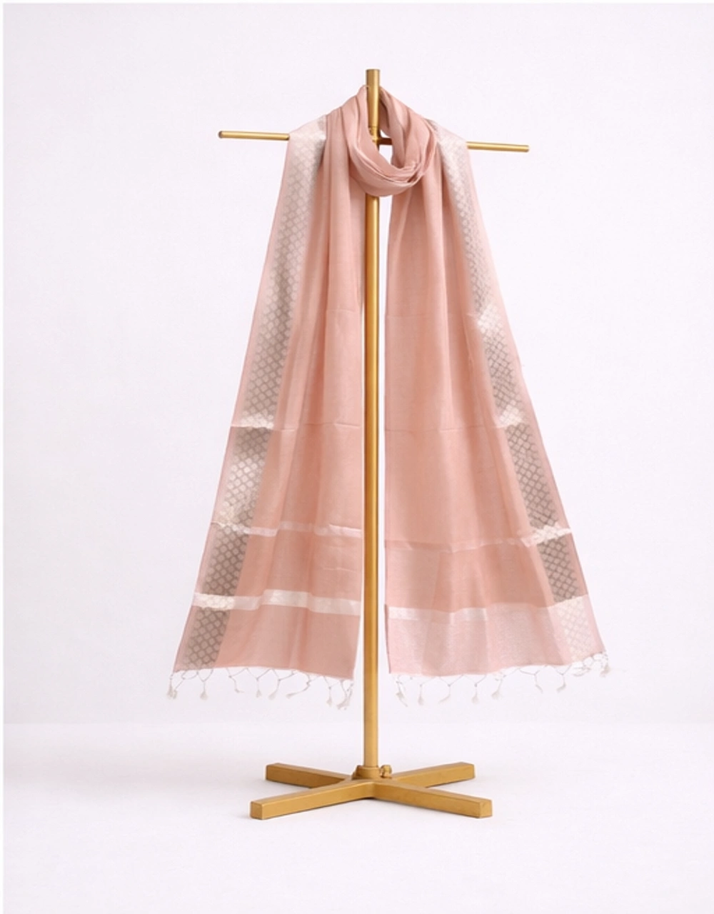 Peach Poly Chanderi Dupatta With Silver Zari Border