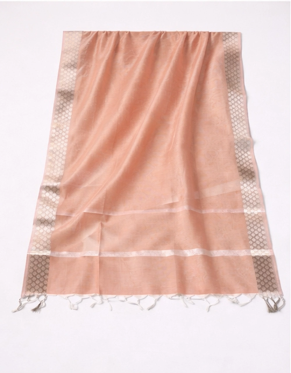 Peach Poly Chanderi Dupatta With Silver Zari Border - View 3
