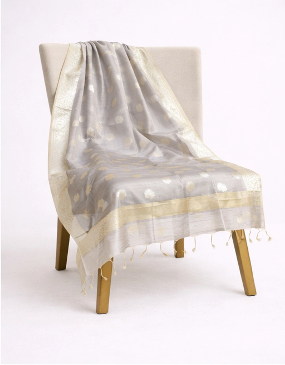 Hovered view of Grey Poly Chanderi Dupatta With Zari Butti