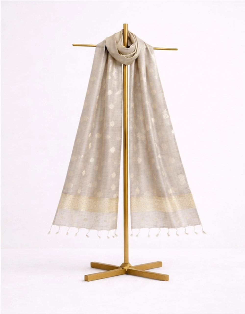 Grey Poly Chanderi Dupatta With Zari Butti