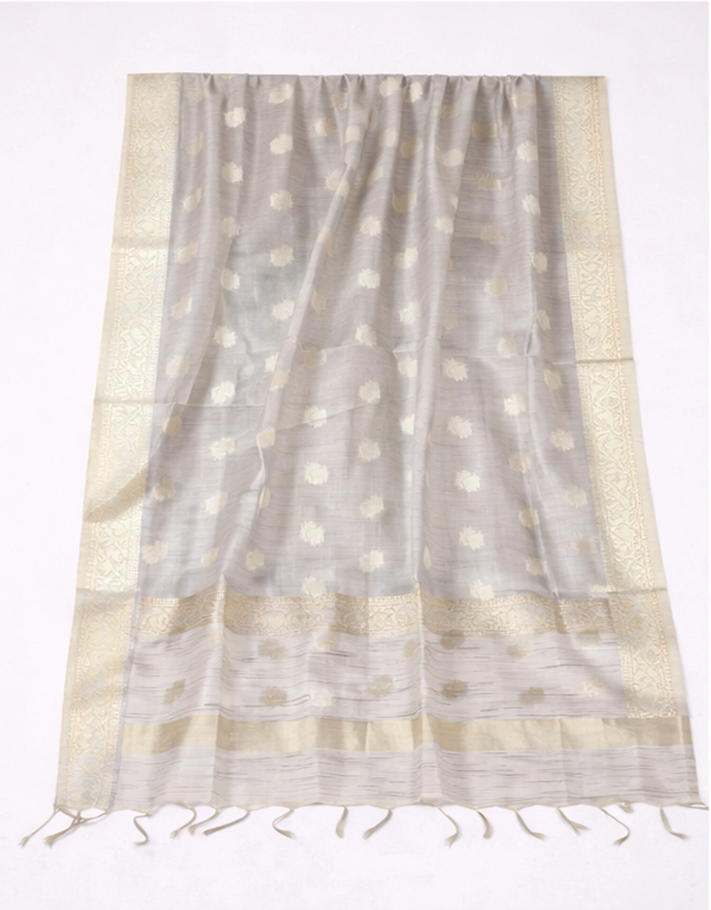 Grey Poly Chanderi Dupatta With Zari Butti - View 3