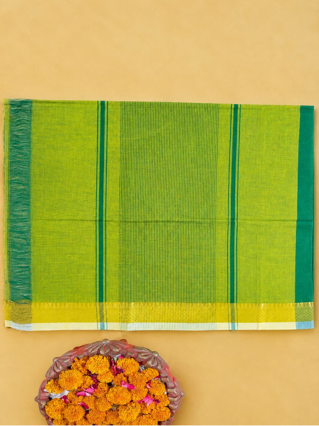 Green Handwoven Mangalgiri Pure Cotton Saree With Faux Golden Zari On Border front view