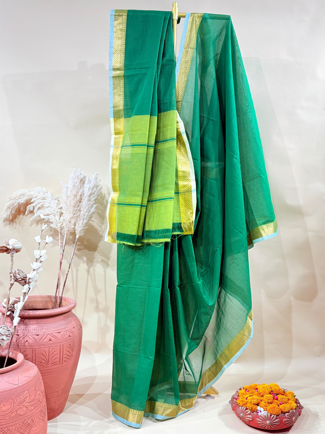 Green Handwoven Mangalgiri Pure Cotton Saree With Faux Golden Zari On Border