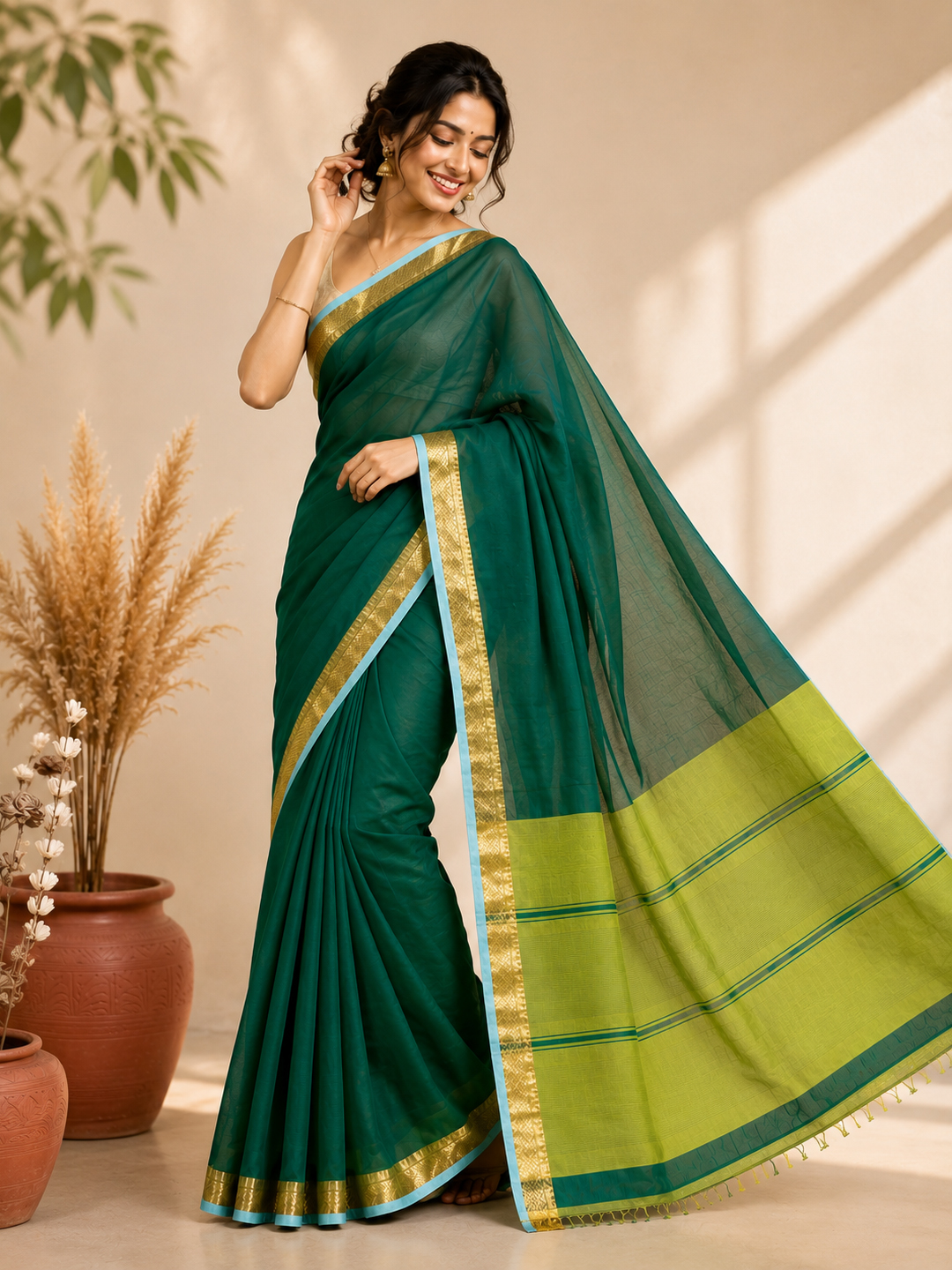 Green Handwoven Mangalgiri Pure Cotton Saree With Faux Golden Zari On Border