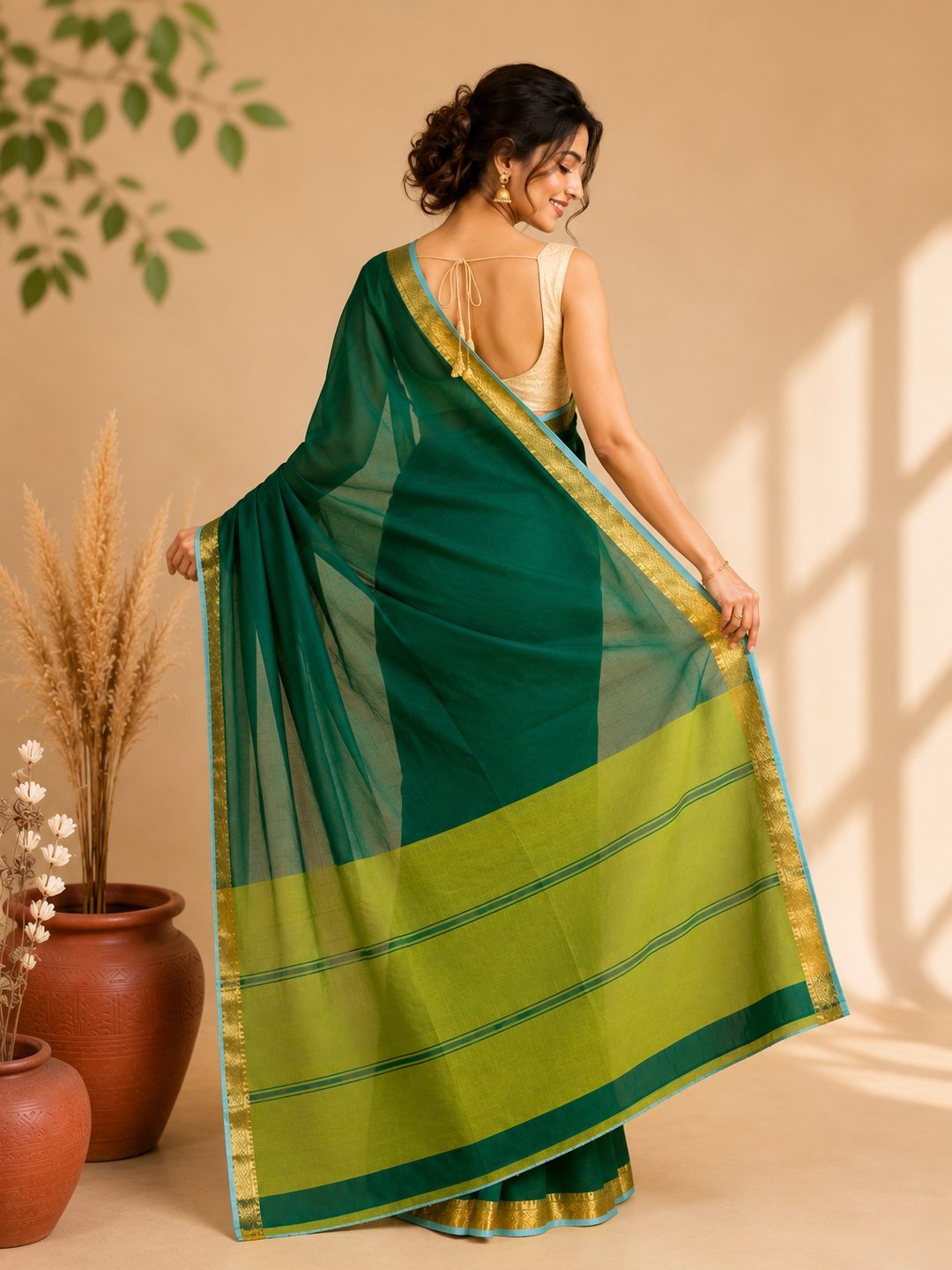 Hovered image of Green Handwoven Mangalgiri Pure Cotton Saree With Faux Golden Zari On Border
