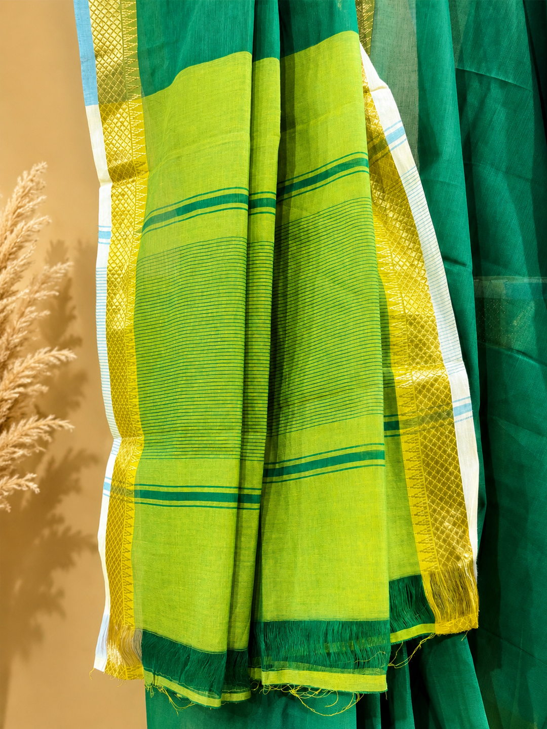 Green Handwoven Mangalgiri Pure Cotton Saree With Faux Golden Zari On Border front view