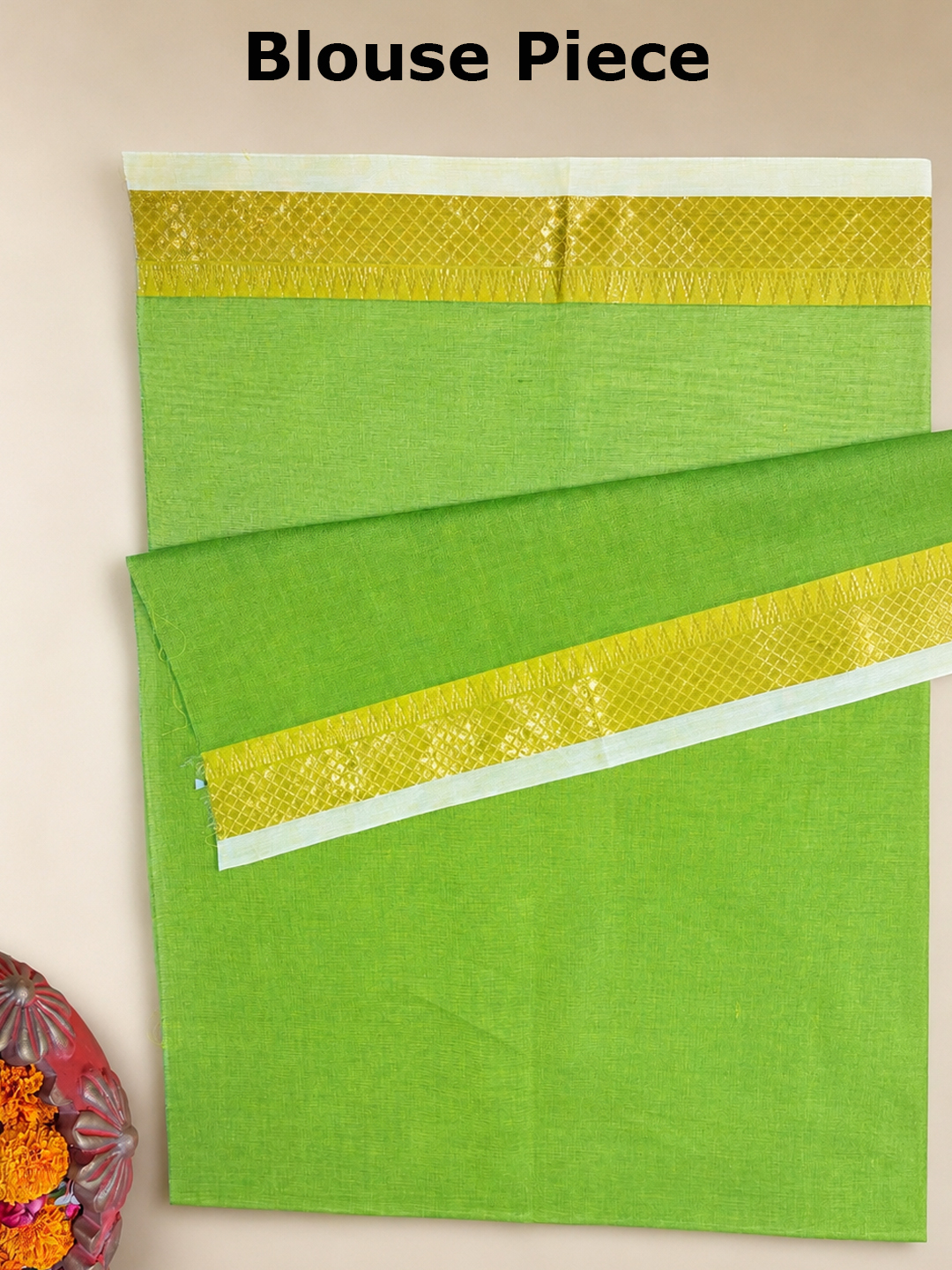 Green Handwoven Mangalgiri Pure Cotton Saree With Faux Golden Zari On Border front view
