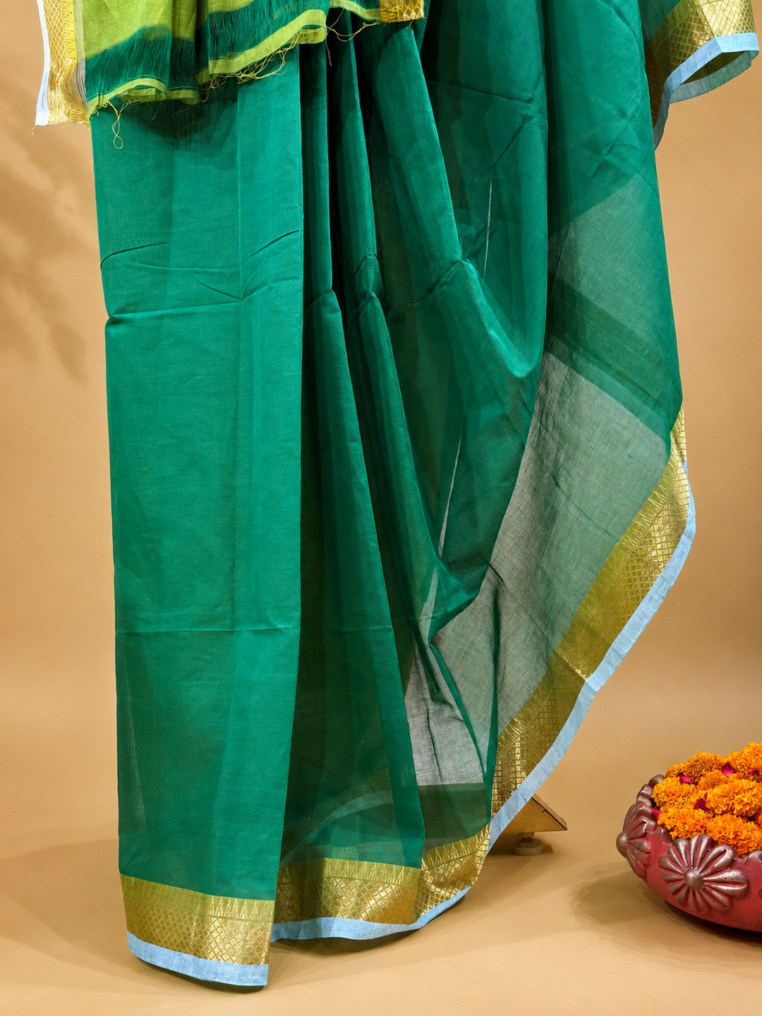 Green Handwoven Mangalgiri Pure Cotton Saree With Faux Golden Zari On Border front view