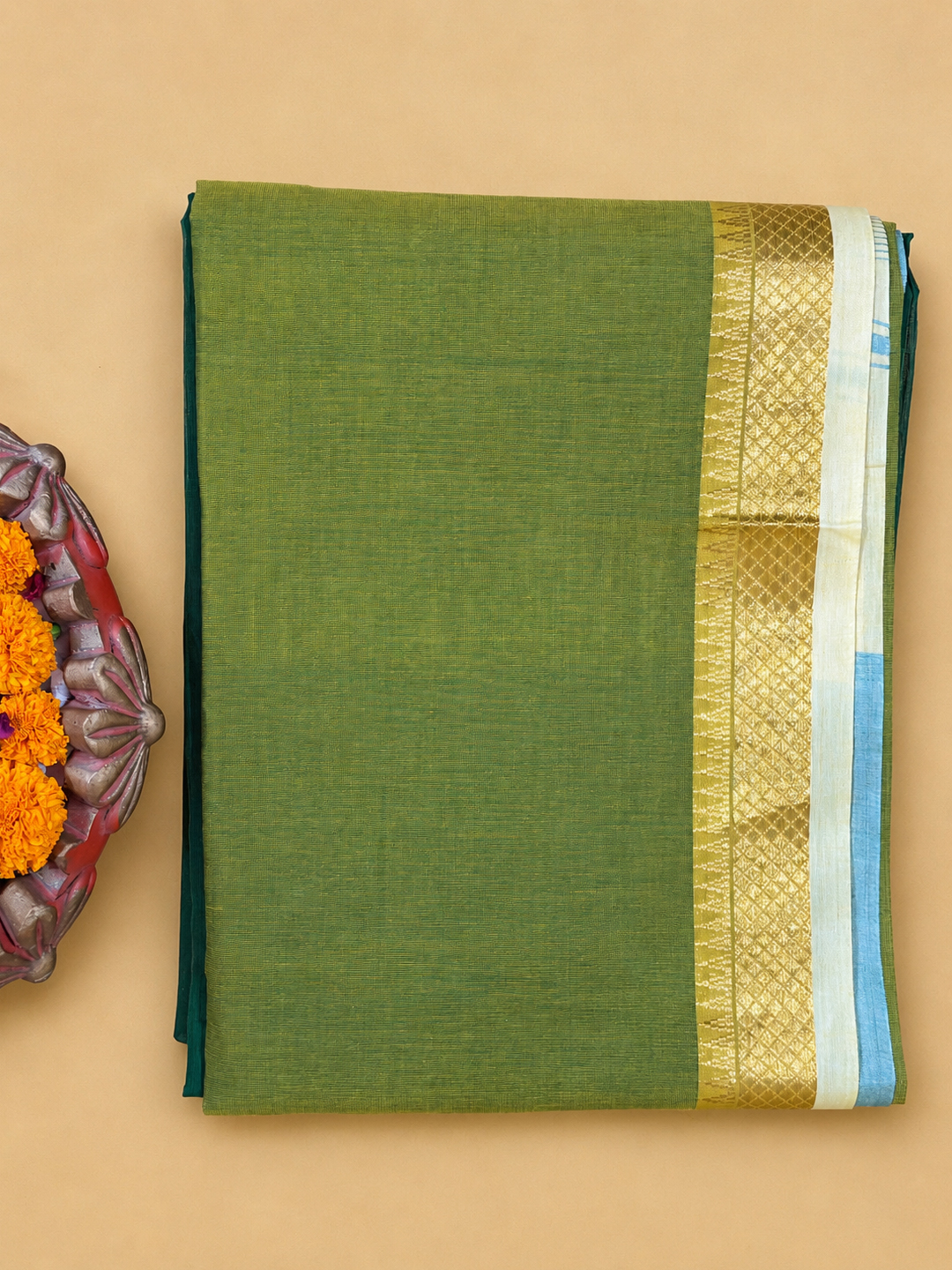 Green Handwoven Mangalgiri Pure Cotton Saree With Faux Golden Zari On Border front view