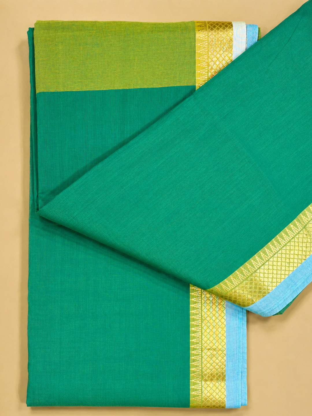 Green Handwoven Mangalgiri Pure Cotton Saree With Faux Golden Zari On Border front view