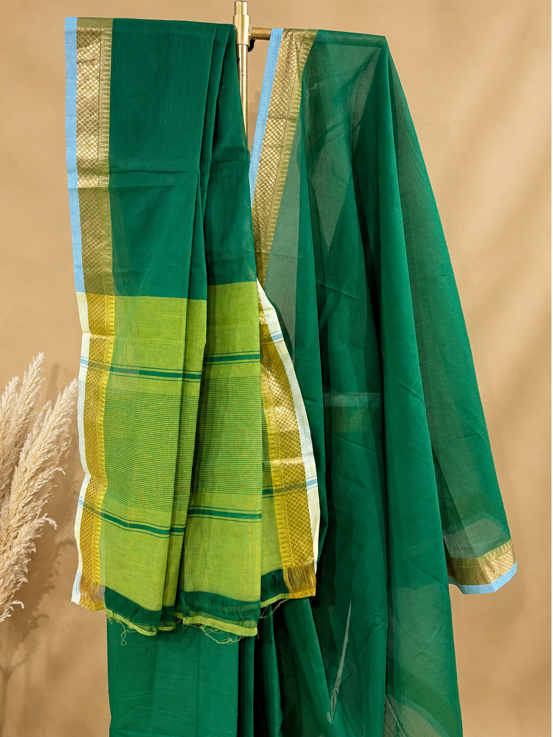 Green Handwoven Mangalgiri Pure Cotton Saree With Faux Golden Zari On Border front view