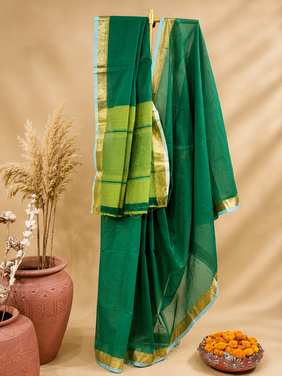 Green Handwoven Mangalgiri Pure Cotton Saree With Faux Golden Zari On Border front view
