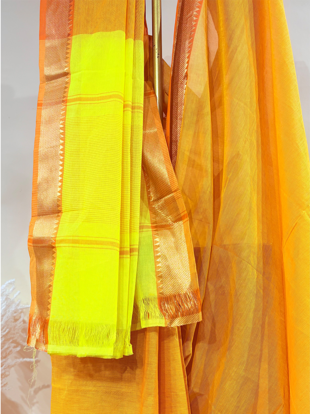 Orange Handwoven Mangalgiri Pure Cotton Saree With Faux Golden Zari On Border - View 4