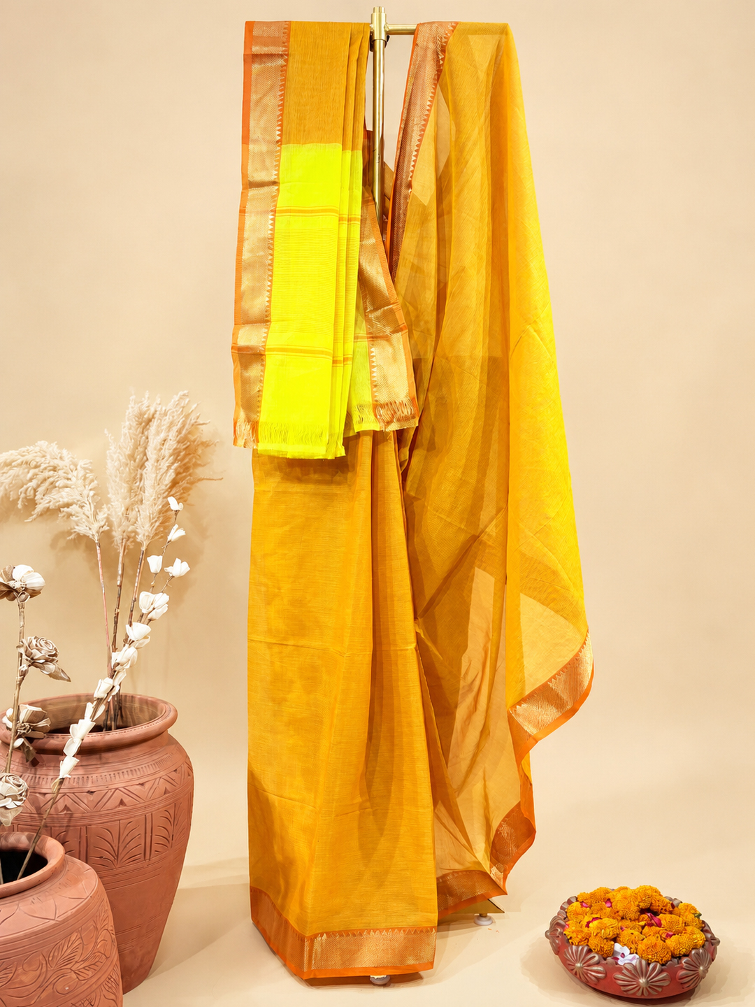 Orange Handwoven Mangalgiri Pure Cotton Saree With Faux Golden Zari On Border front view