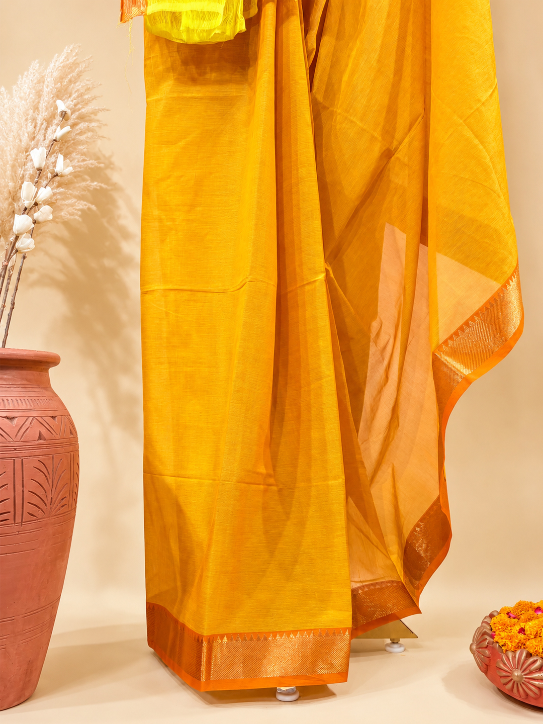 Orange Handwoven Mangalgiri Pure Cotton Saree With Faux Golden Zari On Border front view