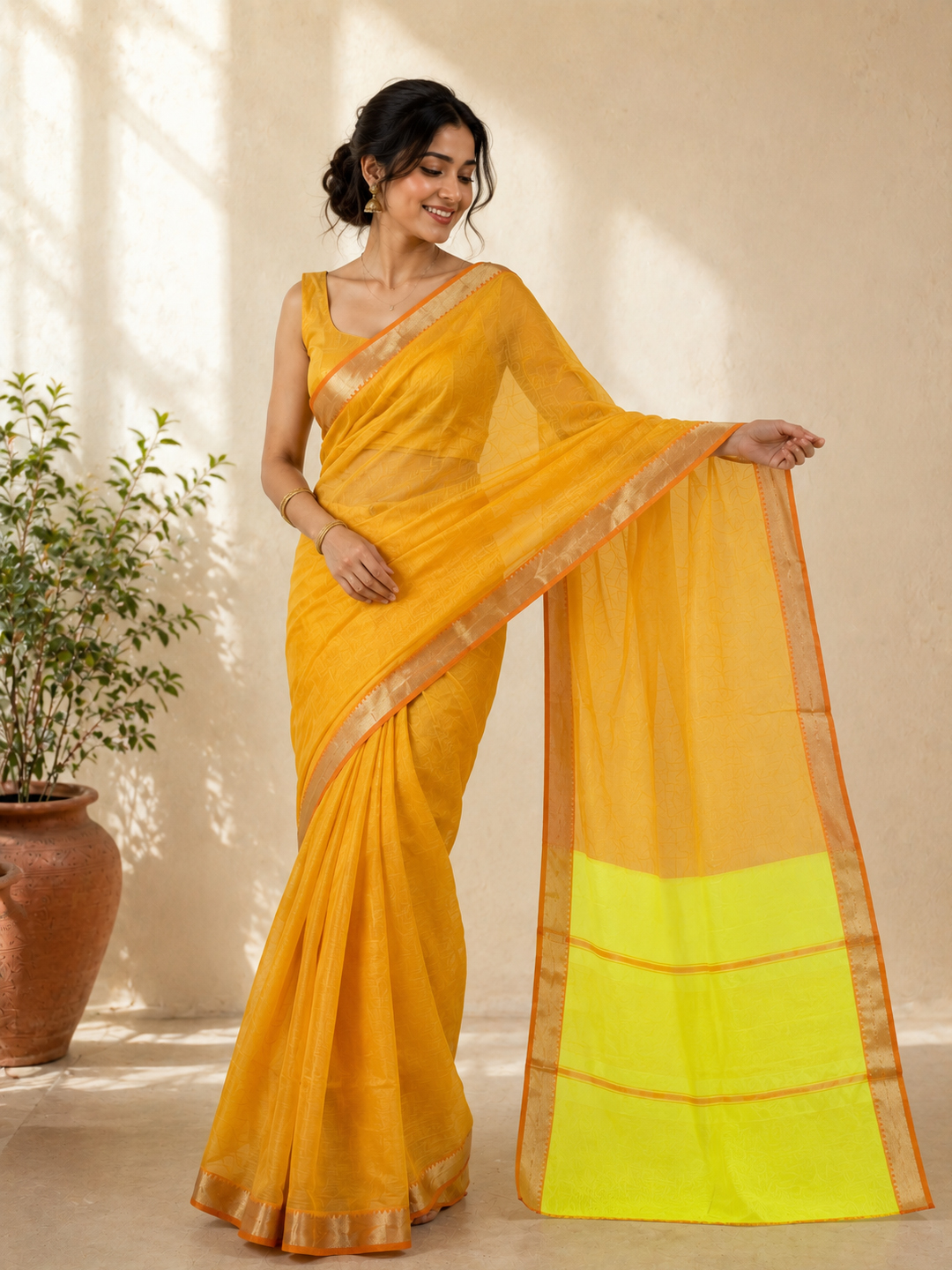 Orange Handwoven Mangalgiri Pure Cotton Saree With Faux Golden Zari On Border