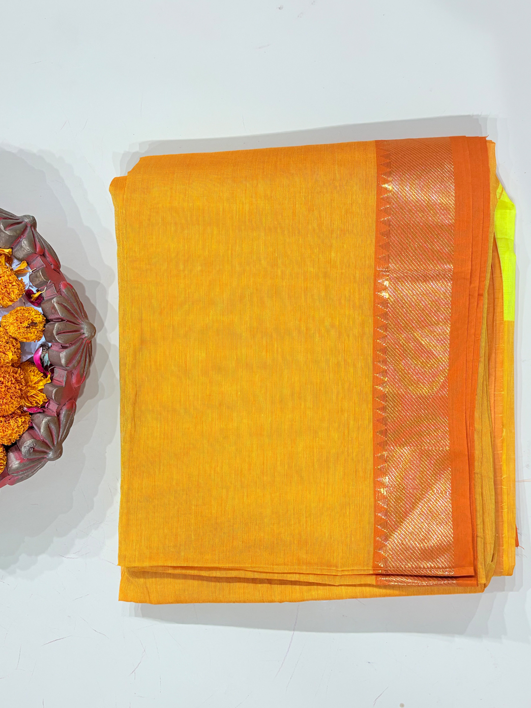 Orange Handwoven Mangalgiri Pure Cotton Saree With Faux Golden Zari On Border - View 3
