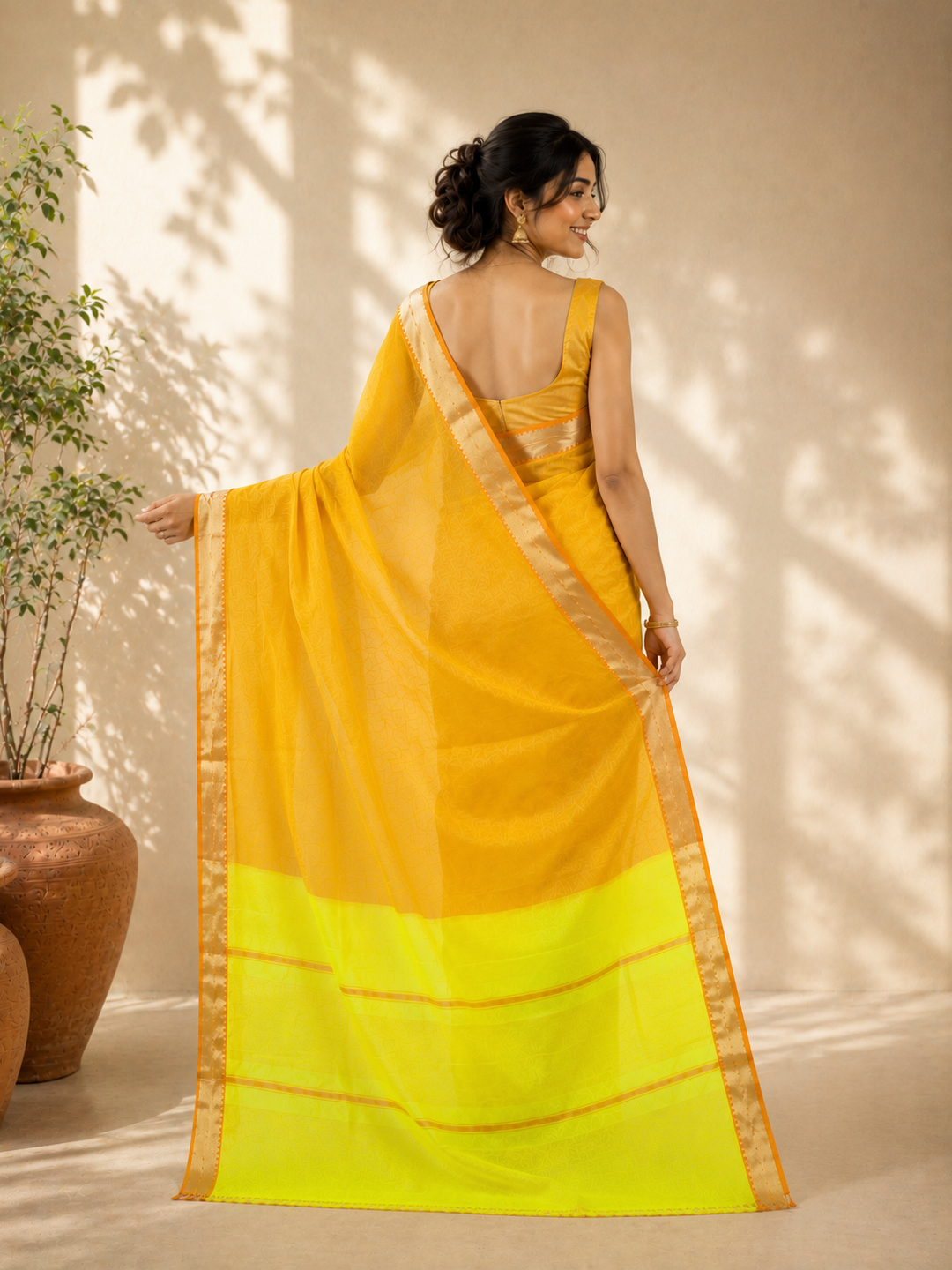 Hovered image of Orange Handwoven Mangalgiri Pure Cotton Saree With Faux Golden Zari On Border