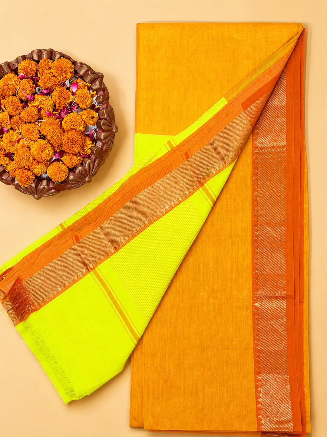 Orange Handwoven Mangalgiri Pure Cotton Saree With Faux Golden Zari On Border front view