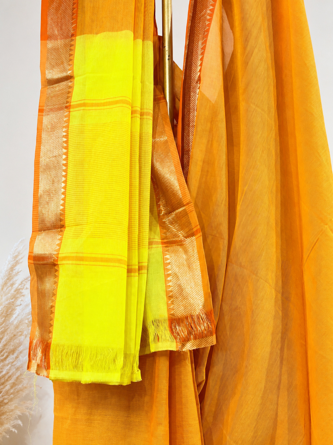 Orange Handwoven Mangalgiri Pure Cotton Saree With Faux Golden Zari On Border front view