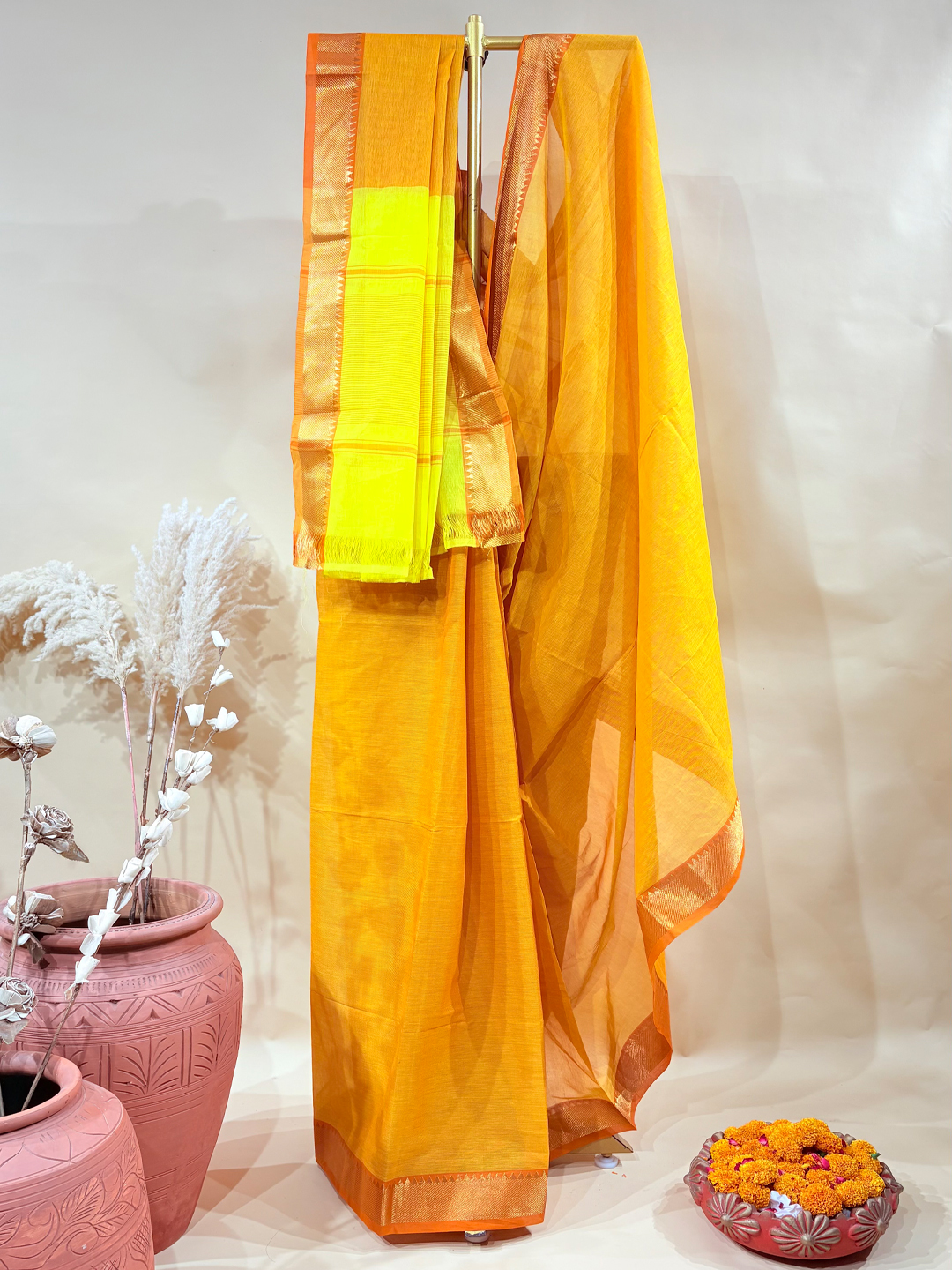 Orange Handwoven Mangalgiri Pure Cotton Saree With Faux Golden Zari On Border