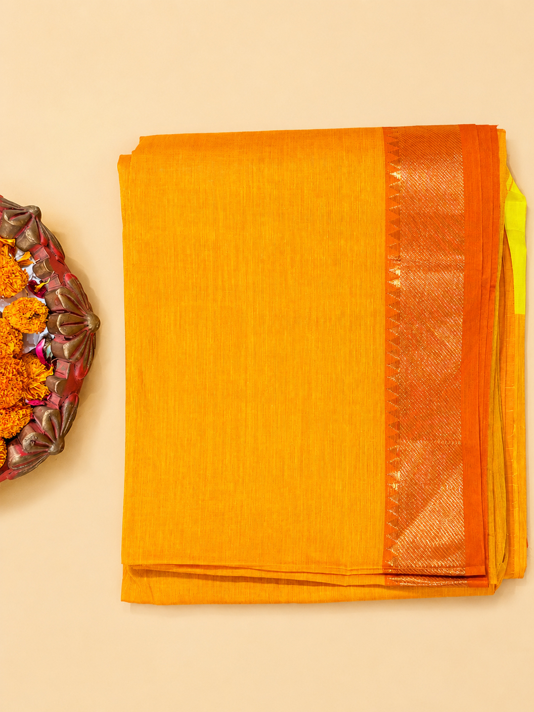 Orange Handwoven Mangalgiri Pure Cotton Saree With Faux Golden Zari On Border front view