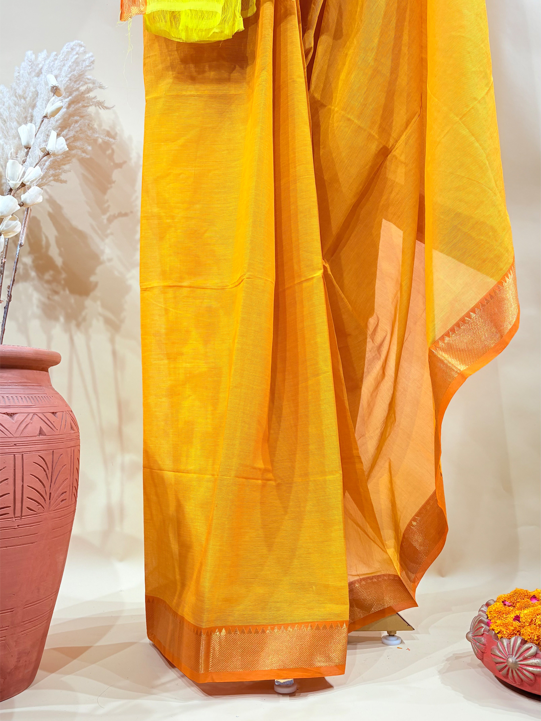 Orange Handwoven Mangalgiri Pure Cotton Saree With Faux Golden Zari On Border - View 5
