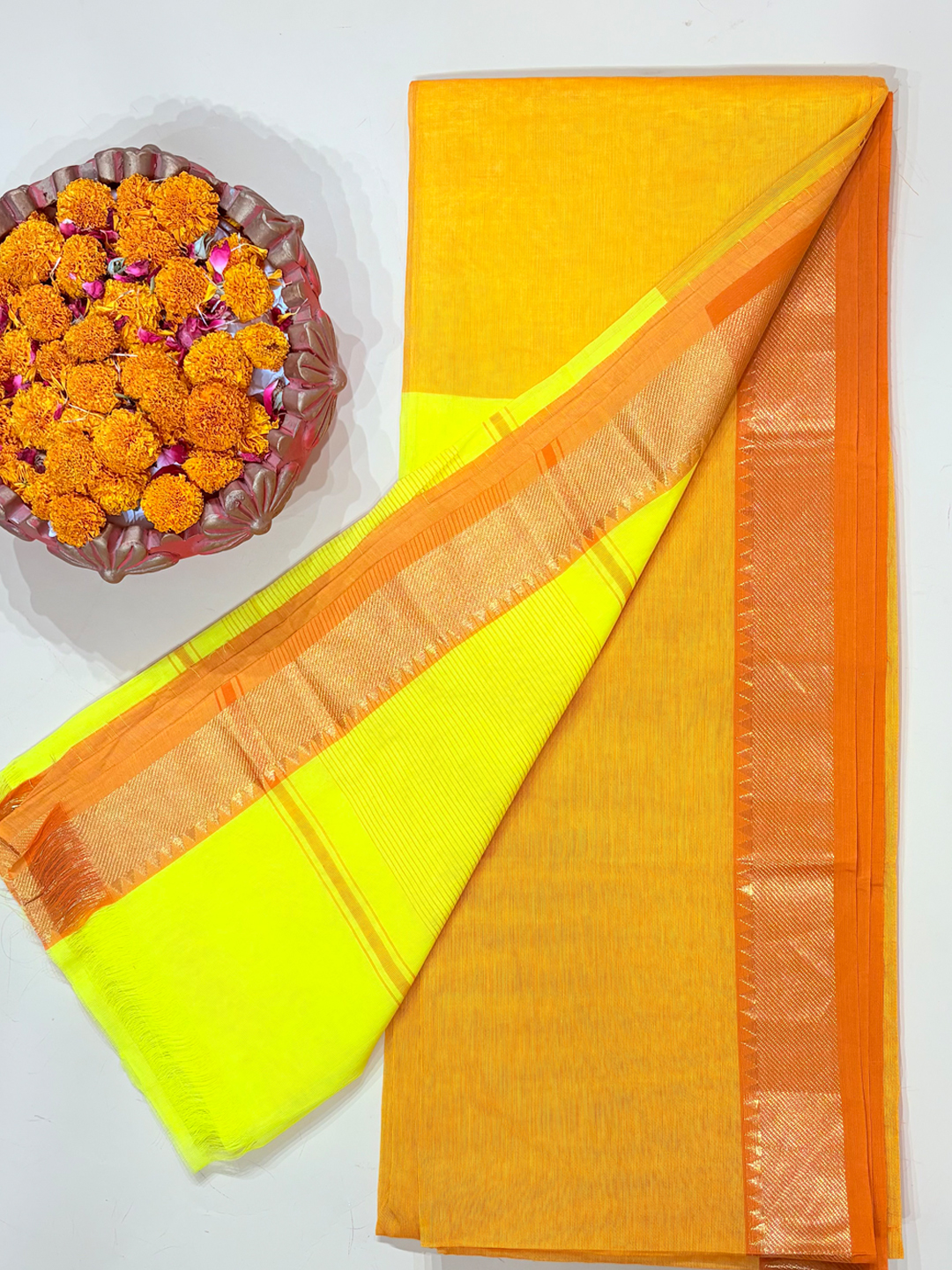 Hovered view of Orange Handwoven Mangalgiri Pure Cotton Saree With Faux Golden Zari On Border