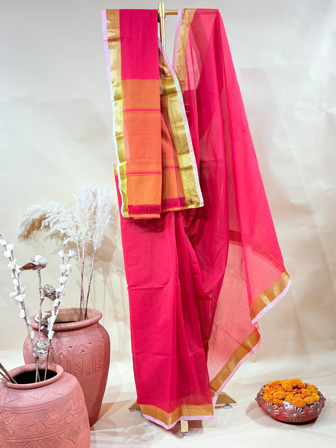 Red Handwoven Mangalgiri Pure Cotton Saree With Faux Golden Zari On Border
