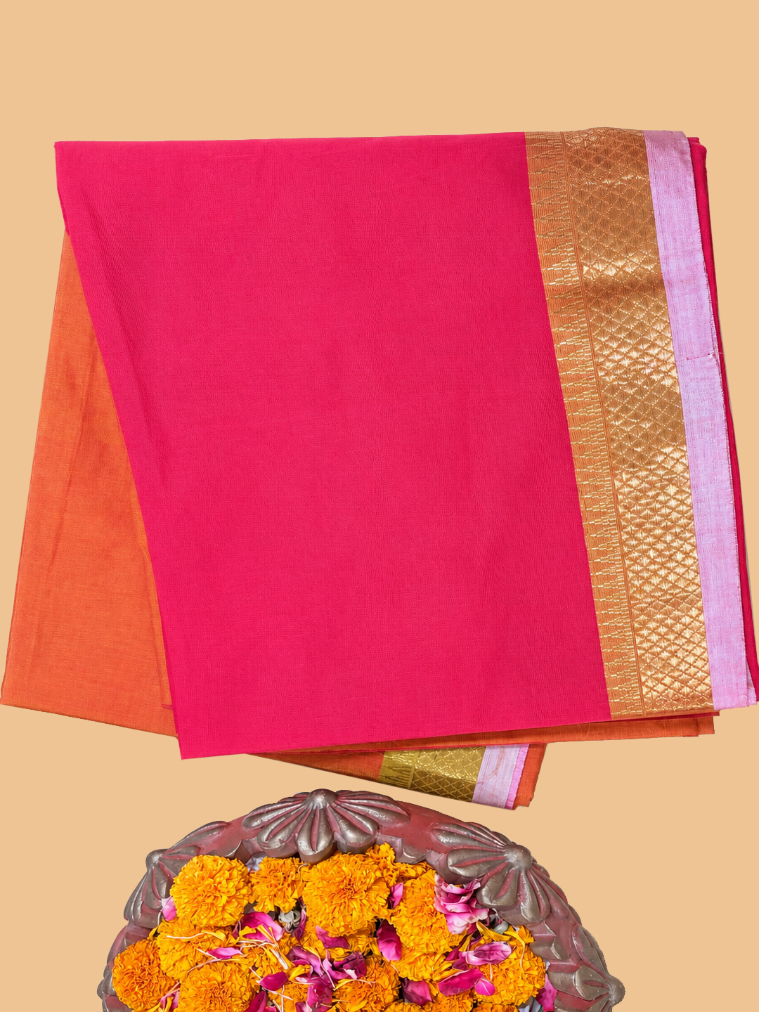  Red Handwoven Mangalgiri Pure Cotton Saree With Faux Golden Zari On Border Front view